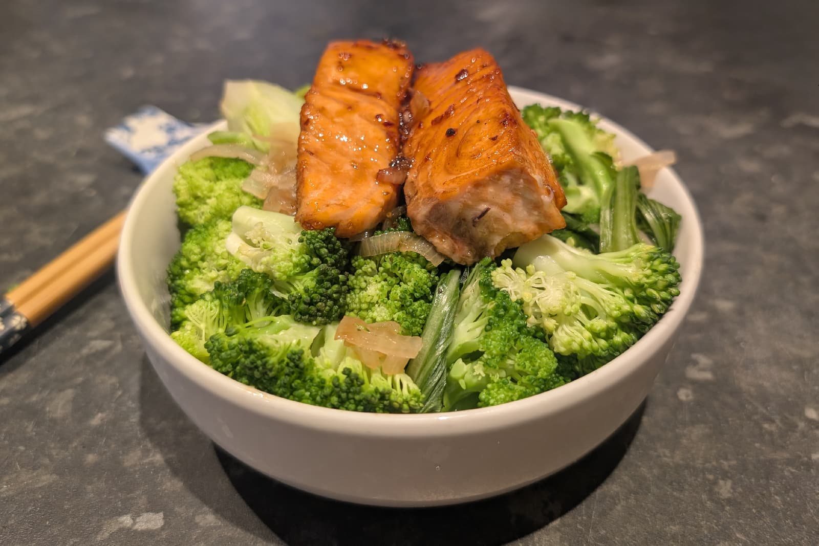 Glazed Salmon with Greens & Mushrooms